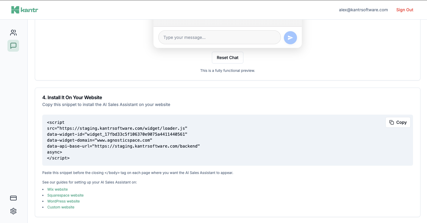 Kantr dashboard: Add To Website installation snippet