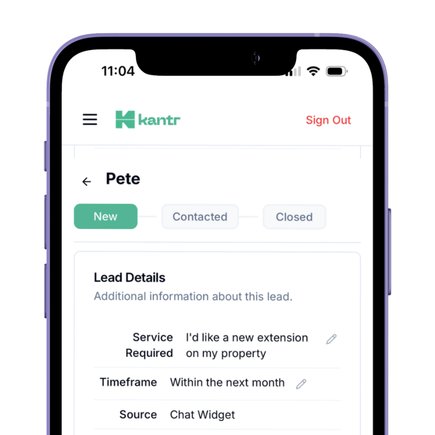 New lead details in the Kantr app
