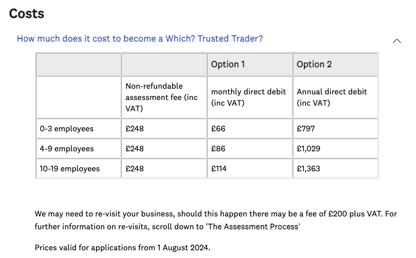 Which? Trusted Traders subscription fees from the website